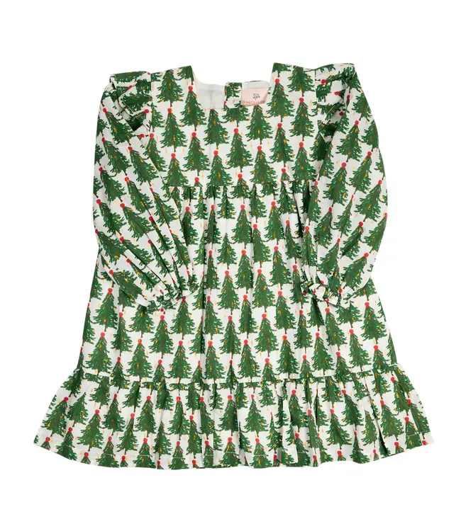 Smocking Bird Christmas Tree Print Dress