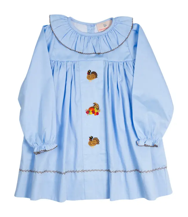 Smocking Bird Lt. Blue Embroidered Turkey Dress