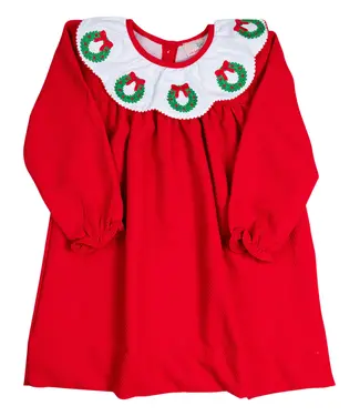 Smocking Bird Red Wreath Embroidered Scallop Collar Dress