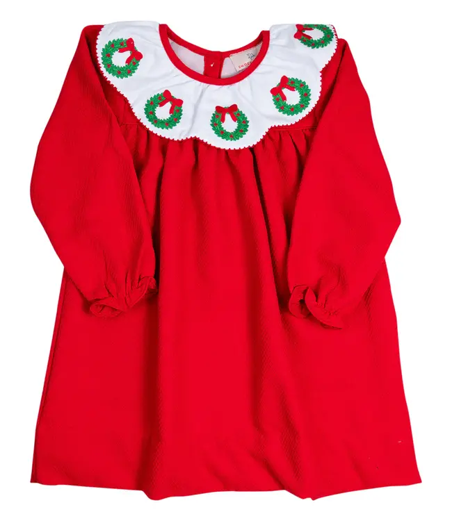 Smocking Bird Red Wreath Embroidered Scallop Collar Dress