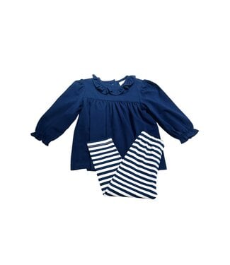 Navy Ruffle Collar w/Blue White Stripe Pant Set