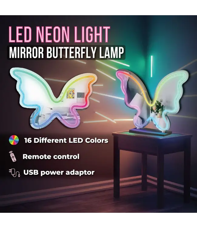 Neon Butterfly Sign with RGB Lights & Mirror