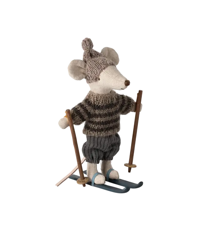 Maileg Winter Mouse w/Ski Set, Big Brother-Grey