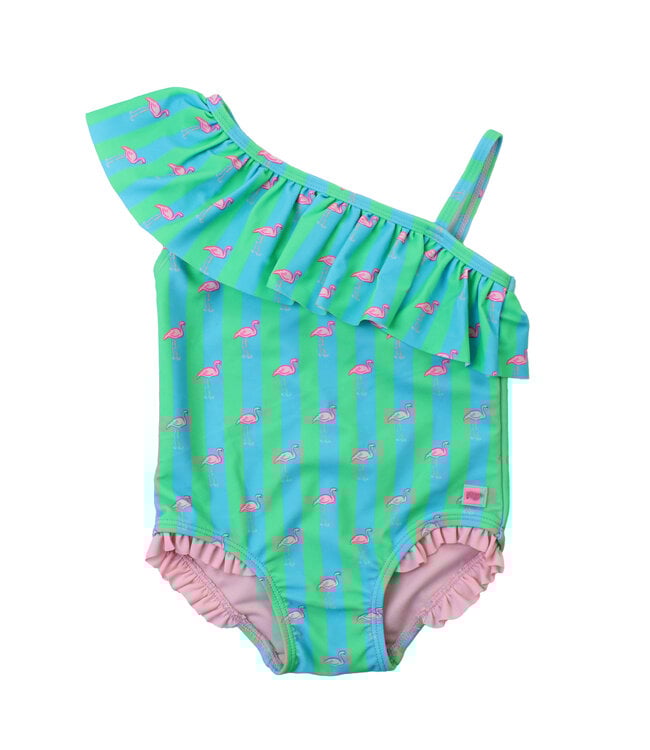 Ruffle Butts Neon Flamingo Stripe One Shoulder Ruffle One Piece