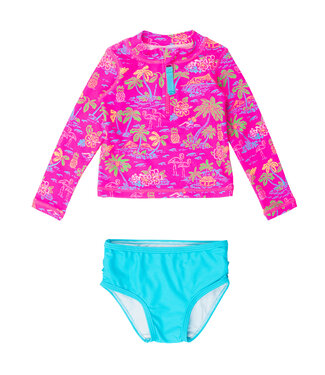 Ruffle Butts Neon Island Time L/S Zipper 2 Pc. Rash Guard
