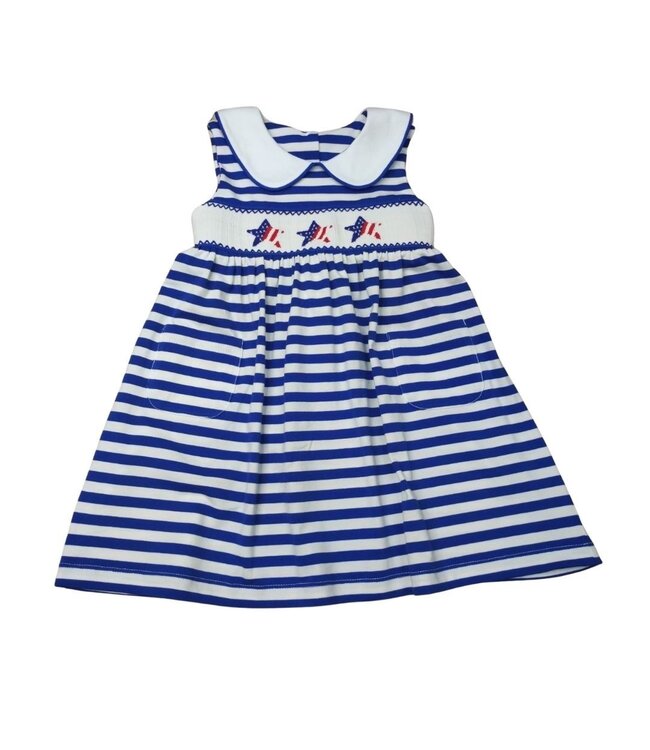 Blue/White Stripe Knit Sleeveless Dress w/Smocked Stars