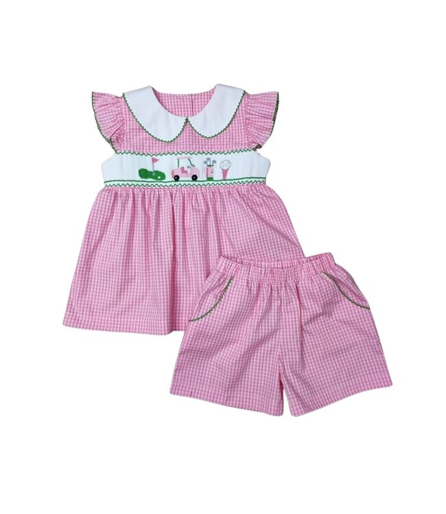 Pink Gingham Smocked Golf Short Set