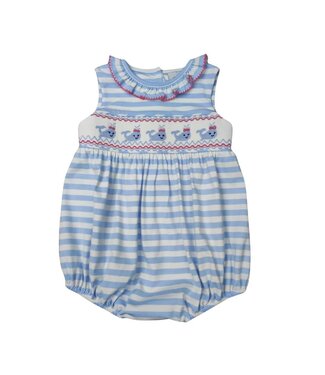 Lt. Blue/White Stripe Knit Sleeveless Smocked Whale Bubble