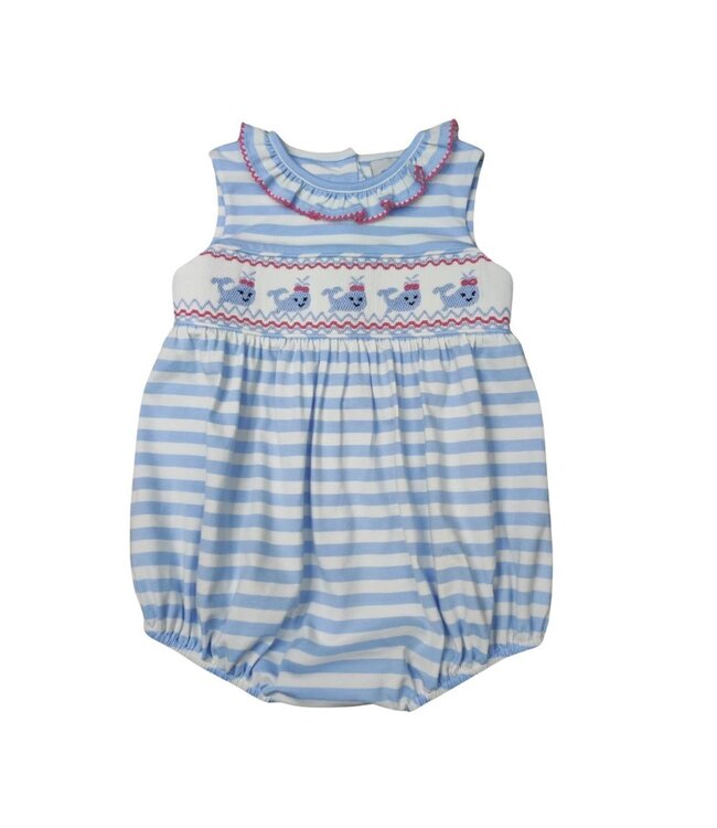 Lt. Blue/White Stripe Knit Sleeveless Smocked Whale Bubble