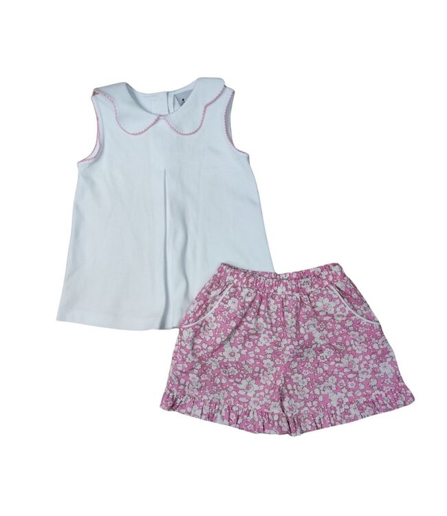 Pink/White Floral Picket Ruffle Short w/Matching White Knit Top