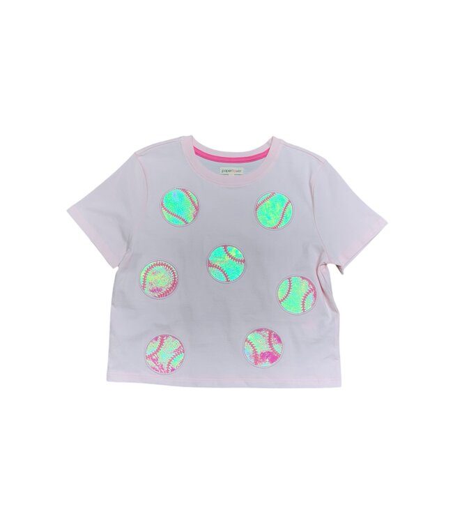 Paper Flower Barely Pink Baseball Applique T-Shirt