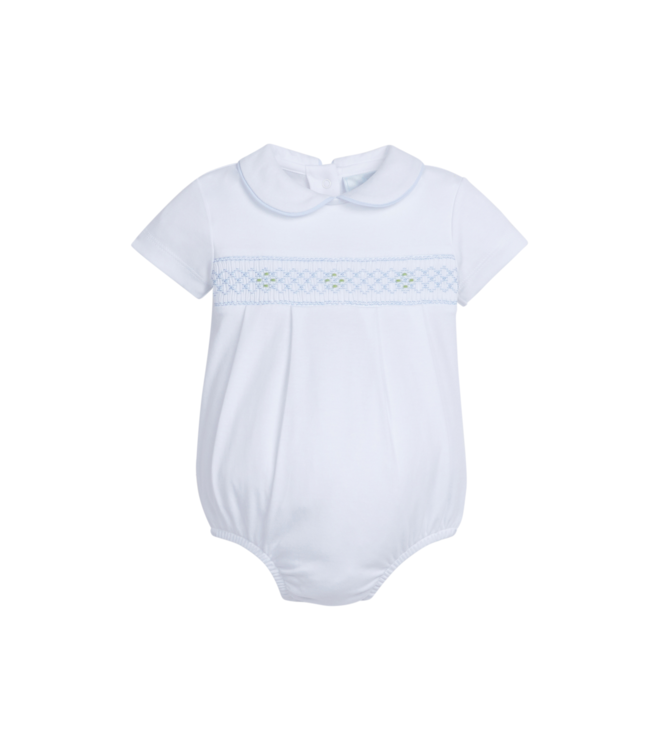 Little English Smocked Footie-Blue Geo