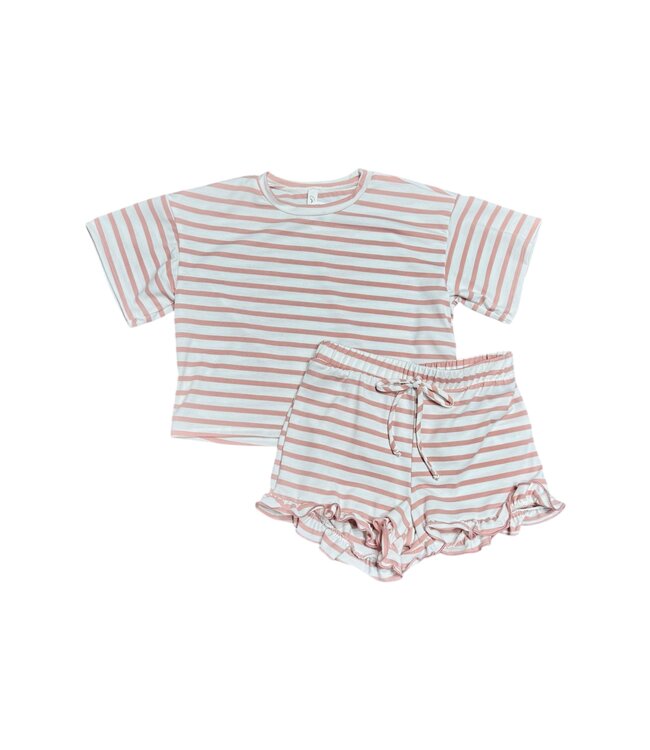 Dusty Pink Striped Crop Top & Ruffled Short Set