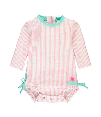 Ruffle Butts Pink Seersucker L/S Rash Guard One Piece