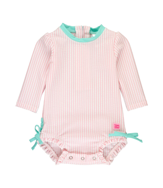 Ruffle Butts Pink Seersucker L/S Rash Guard One Piece