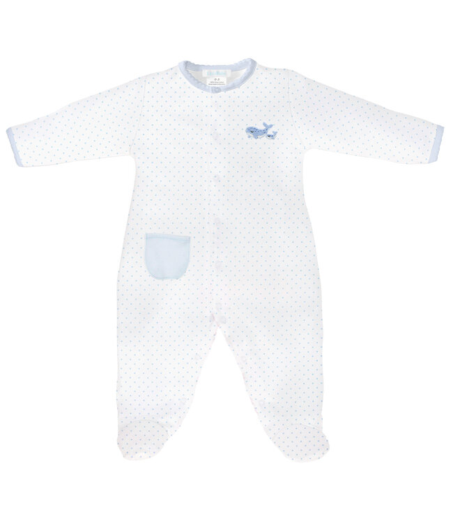 LydaBaby White/Blue Embroidered Mama Whale Footie 0-3m
