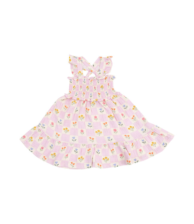Angel Dear Pink Floral Check Smocked Ruffle Sundress