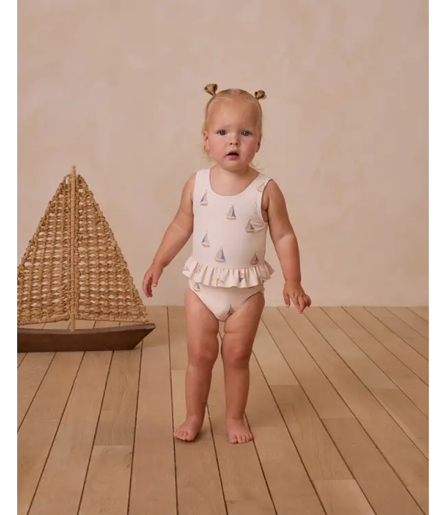 Rylee & Cru Natural Skirted One Piece Sailboats Swimsuit