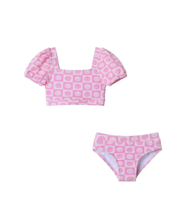 Andy & Evan Pink Smiley Puff Sleeve Bikini