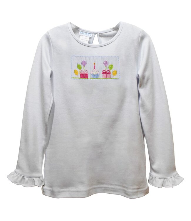 vive la fete White Knit Ruffle Birthday Smocked L/S Girls Tee