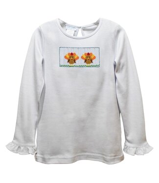 vive la fete White Knit Turkeys Smocked L/S Ruffle Girls Tee