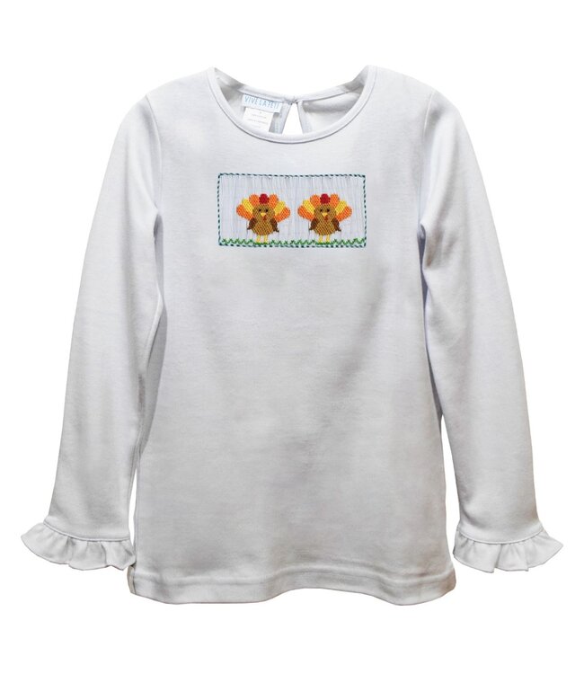 vive la fete White Knit Turkeys Smocked L/S Ruffle Girls Tee
