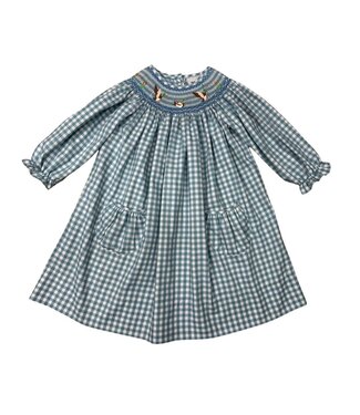 Delaney Teal Check Smocked Mallard Ducks L/S Bishop Dress