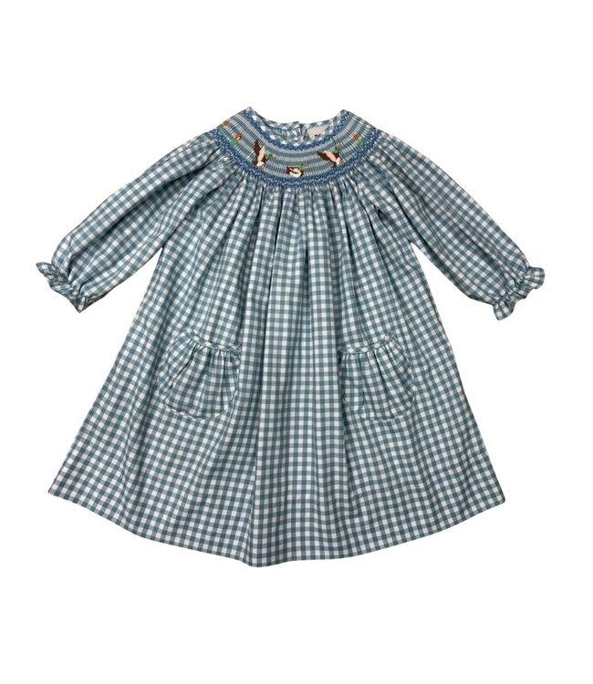 Delaney Teal Check Smocked Mallard Ducks L/S Bishop Dress