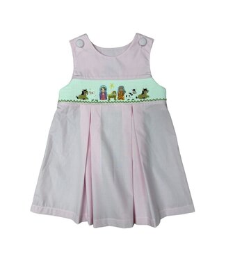 Delaney Pink Gingham Smocked Nativity Button Shoulder Jumper