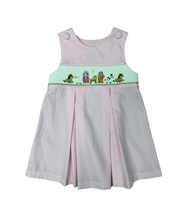 Delaney Pink Gingham Smocked Nativity Button Shoulder Jumper