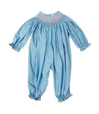 Delaney Blue Gingham Check L/S Smocked Tiny Flowers Bishop Romper