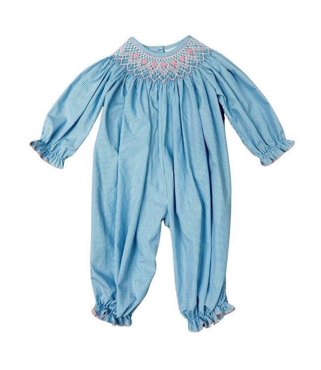 Delaney Blue Gingham Check L/S Smocked Tiny Flowers Bishop Romper