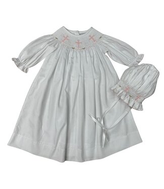 Delaney White L/S Smocked Pink Cross Daygown & Bonnet
