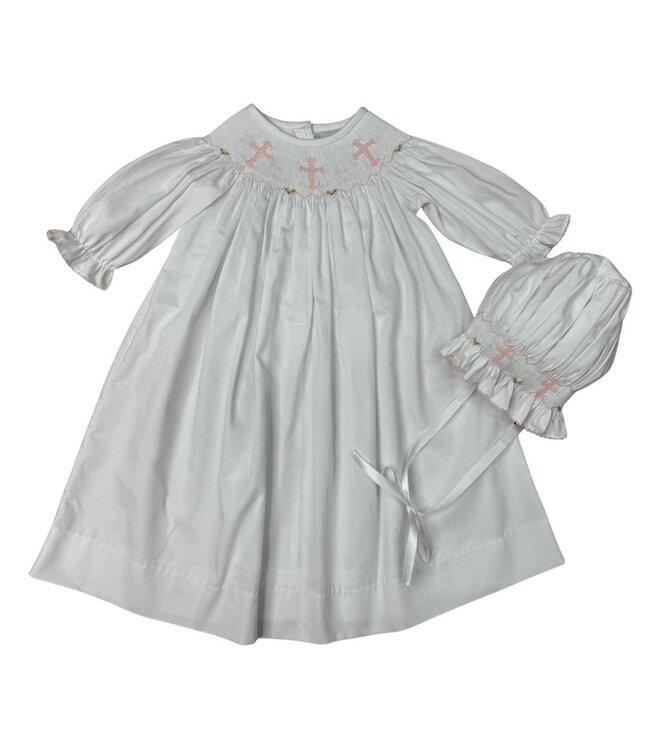 Delaney White L/S Smocked Pink Cross Daygown & Bonnet