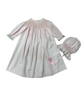 Delaney Soft Pink Smocked Lace Trim Daygown & Bonnet