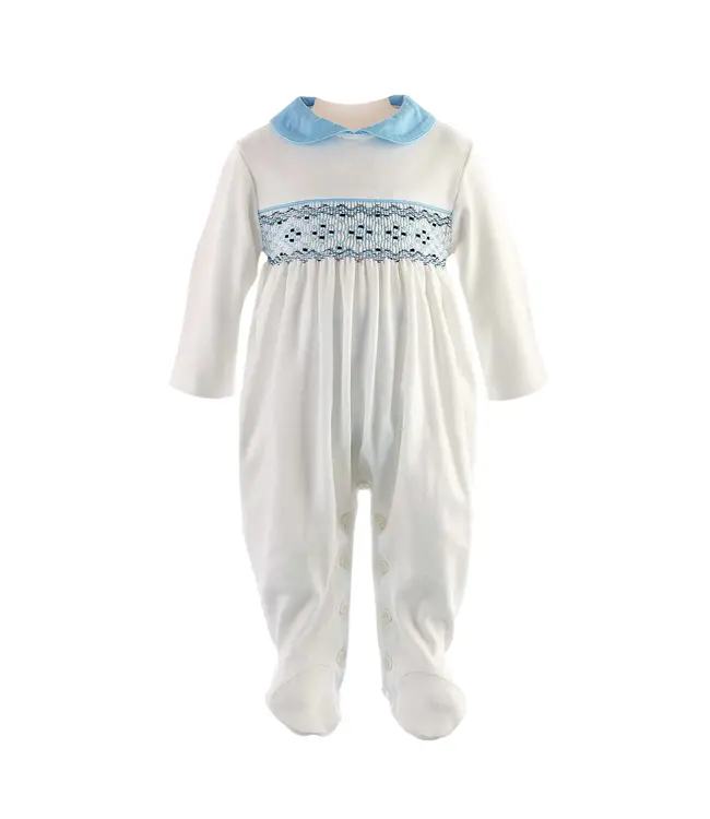 Rachel Riley White/Blue Smocked Babygro
