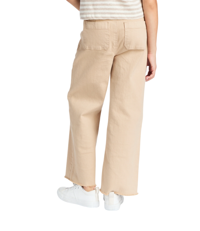 Khaki High Rise Flat Front Wide Leg Crop with Raw Hem Pants