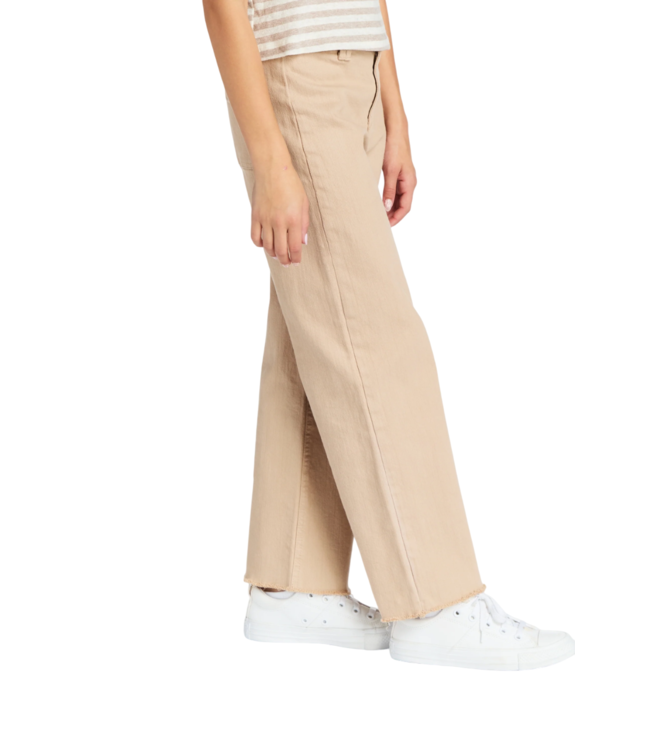 Khaki High Rise Flat Front Wide Leg Crop with Raw Hem Pants