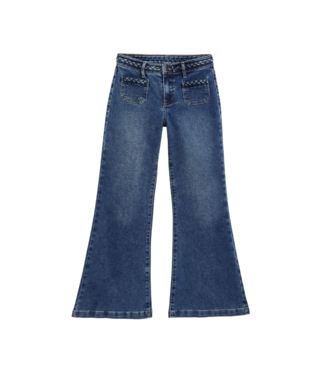 tractr Medium Indigo Mid Rise Braided Patch Pocket Flare Jeans