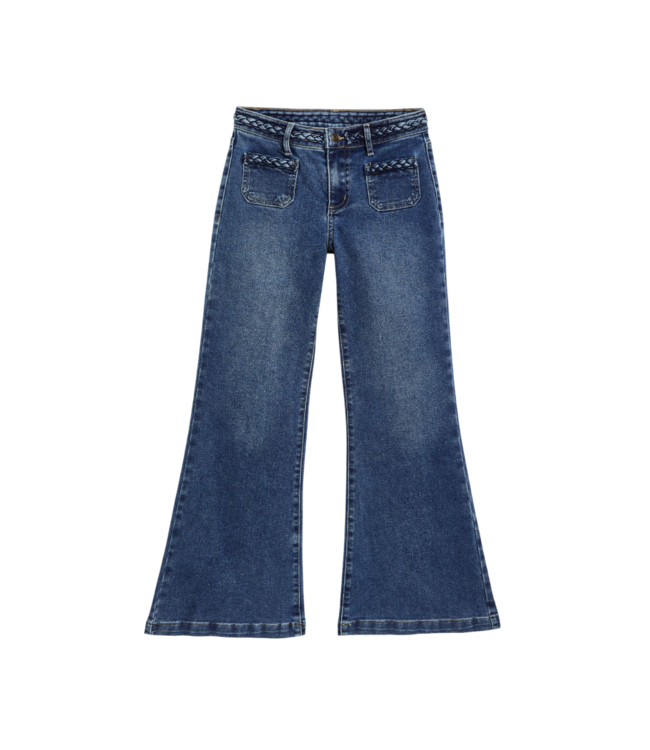 tractr Medium Indigo Mid Rise Braided Patch Pocket Flare Jeans