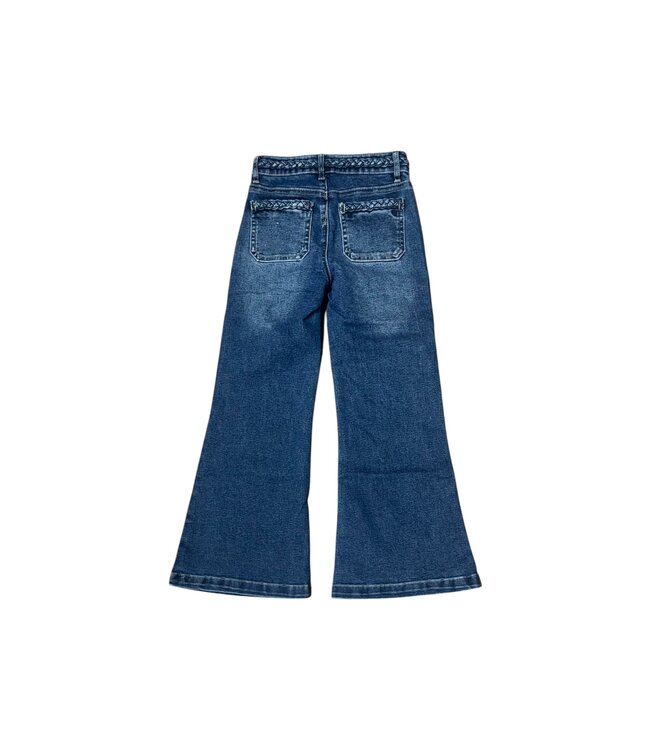 tractr Medium Indigo Mid Rise Braided Patch Pocket Flare Jeans