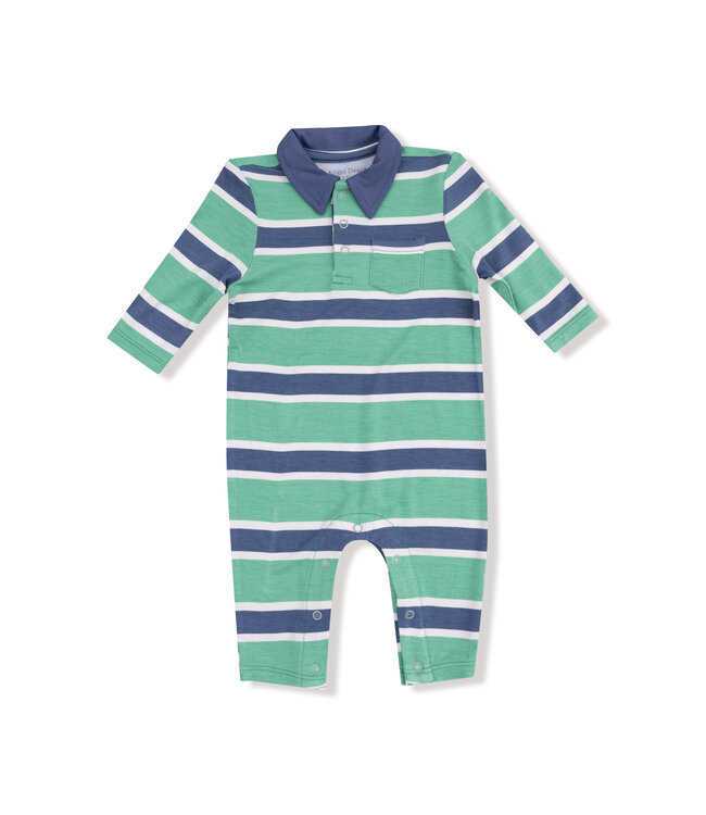 Angel Dear Green/Navy Rugby Stripe Polo Romper