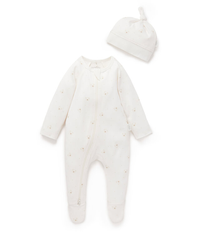 purebaby Vanilla Bear Zip Growsuit & Hat