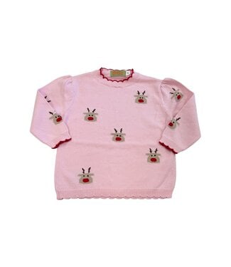 Luigi Lt. Pink/Dk. Red Reindeer Heads Scallop Crew Sweater