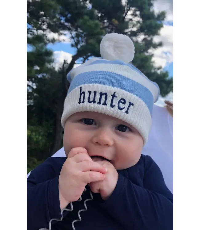 A Soft Idea Cotton Baby Hat w/Stripes and Pompoms