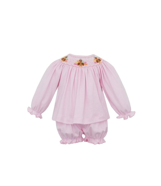 Petit Bebe Pink Knit Stripe Turkey L/S Bishop/Bloomer Set