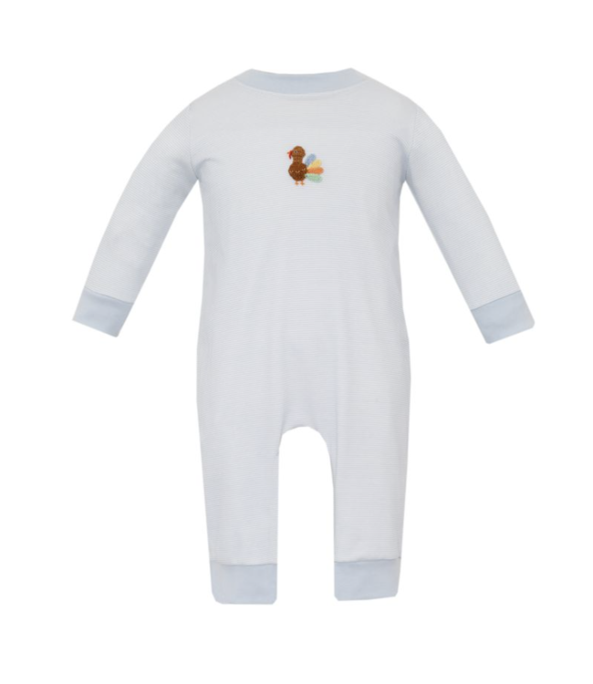 Petit Bebe Lt. Blue Stripe Knit Turkeys L/S Romper