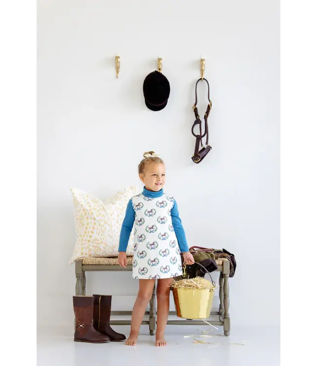 Beaufort Bonnet Highland Horses/Blue Gingham Annie Apron Dress