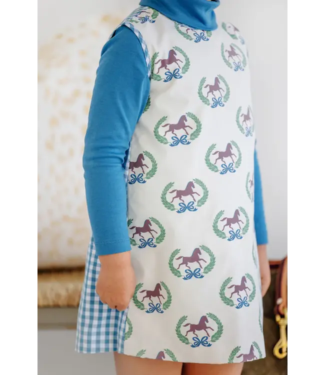 Beaufort Bonnet Highland Horses/Blue Gingham Annie Apron Dress