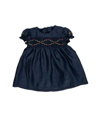 Navy Floral Smocked Silk S/S Dress